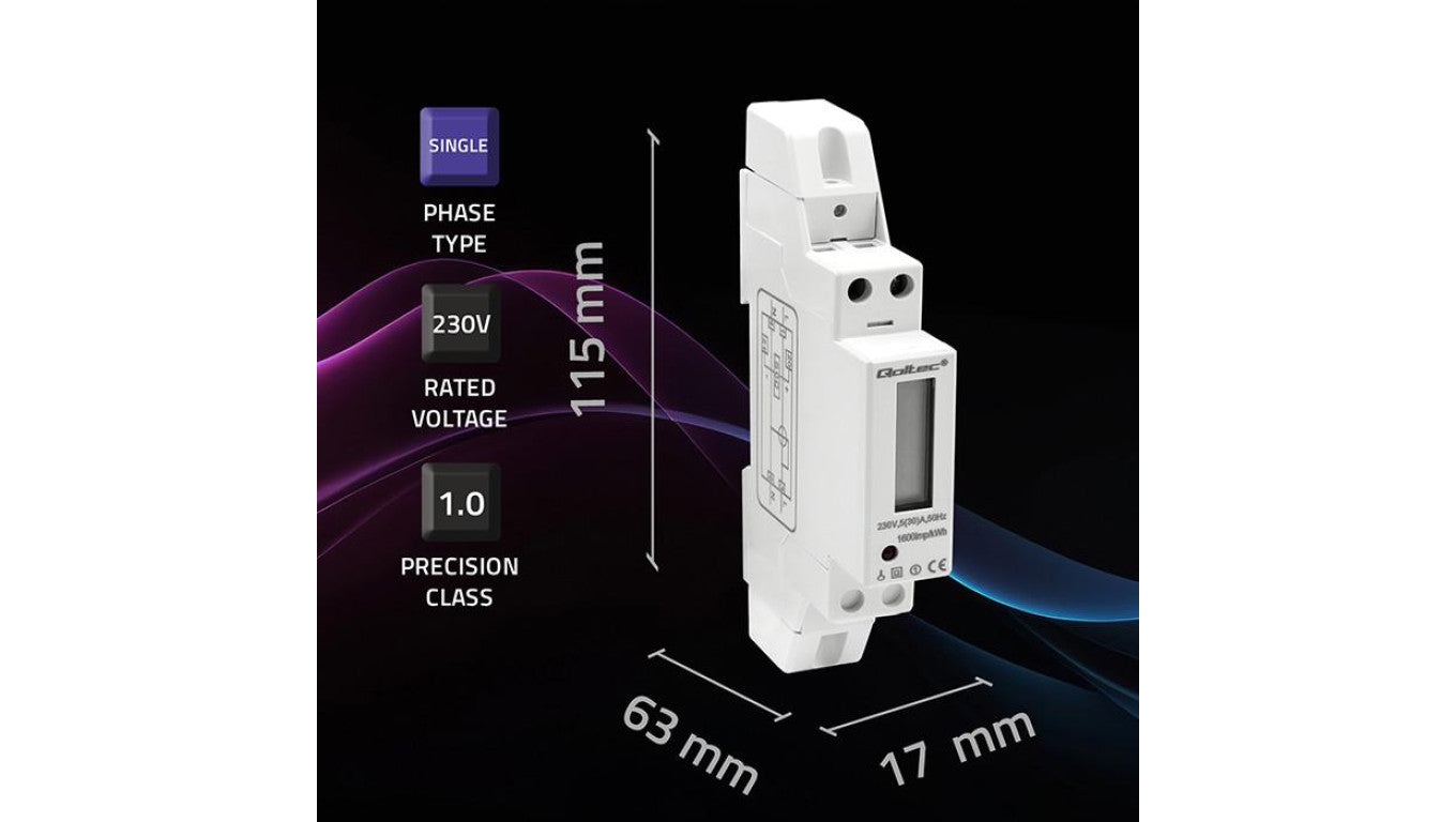 Qoltec Jednofazowy elektroniczny licznik miernik zużycia energii na szynę DIN 230V 30A LCD 1P