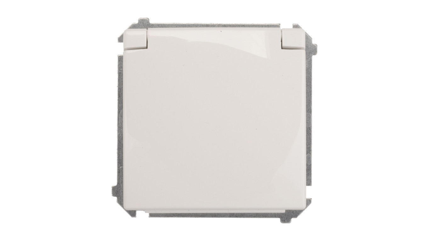 Simon Basic Gniazdo bryzgoszczelne z/u IP44 z przesłoną torów i klapką białe BMGZ1Bz.01/11