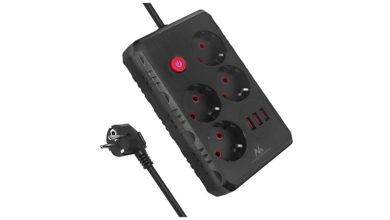 Listwa zasilająca Maclean, przedłużacz 4 gniazda + 3xUSB, 110-240V AC 50/60Hz, 2.1A max 2500W, 3m, czarna ,MCE393 B
