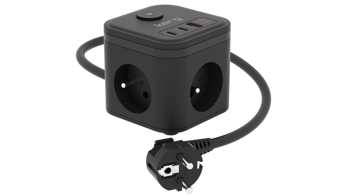 Kostka zasilająca 3-gniazdowa + szybka ładowarka USB-A+USB-C 1,5m 3×1,5mm2 H05VV-F 16A/250V~ KERG Smart czarna