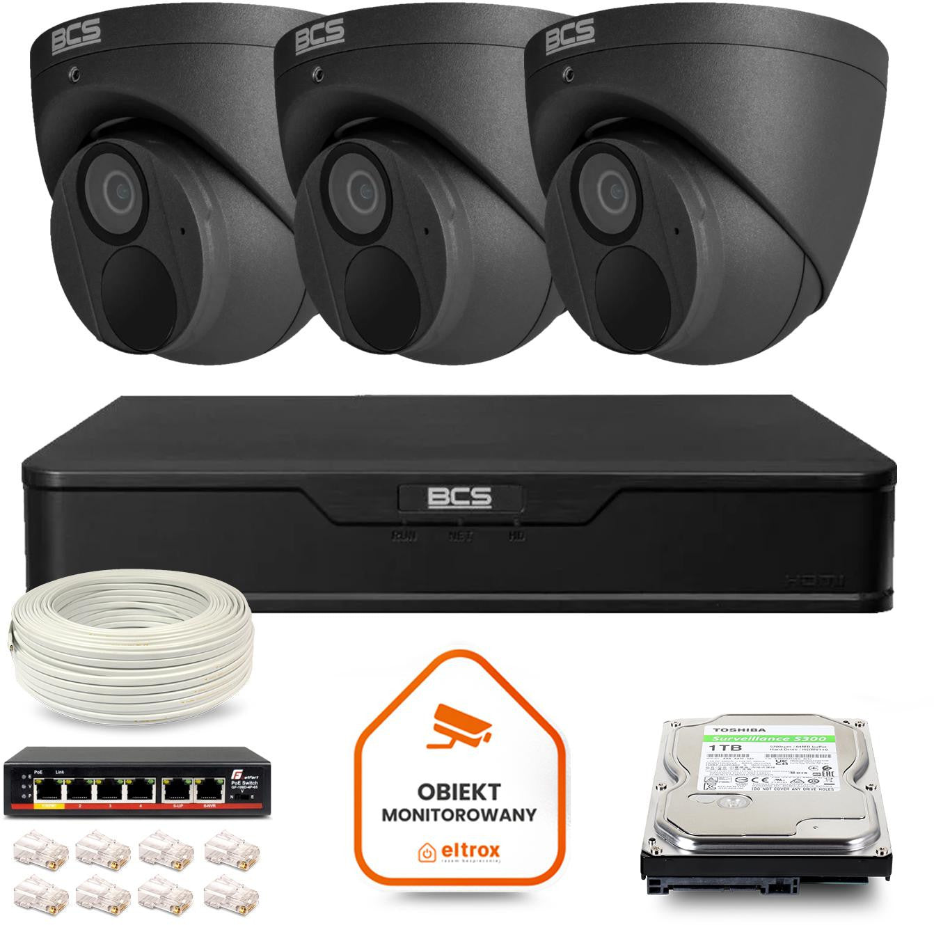 Zestaw monitoringu IP BCS Point 3x Kamera BCS-P-EIP28FWR3-Ai2-G Rejestrator z dyskiem