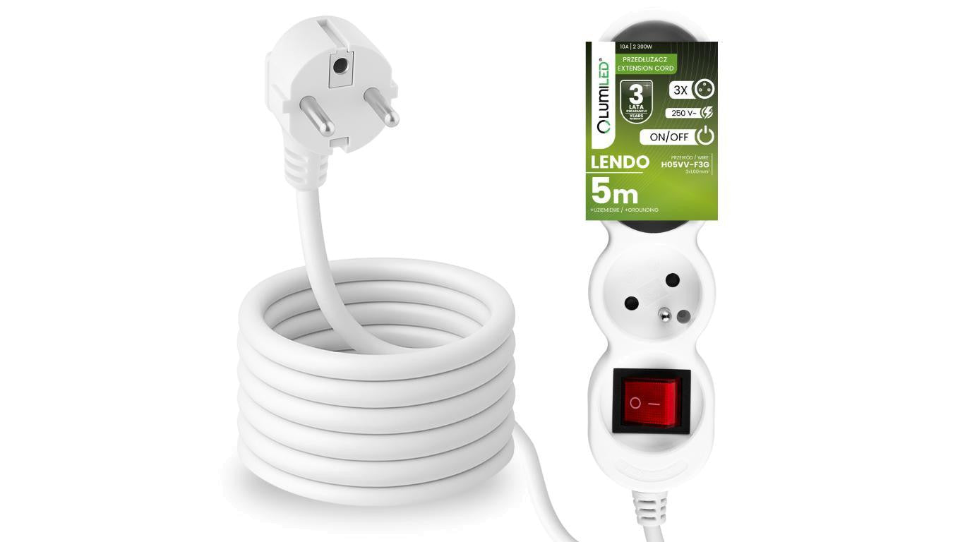 Przedłużacz Sieciowy Kabel z Uziemieniem Listwa Zasilająca 3 Gniazda 5m Włącznik ON/OFF Biały Sznur Lendo Lumiled