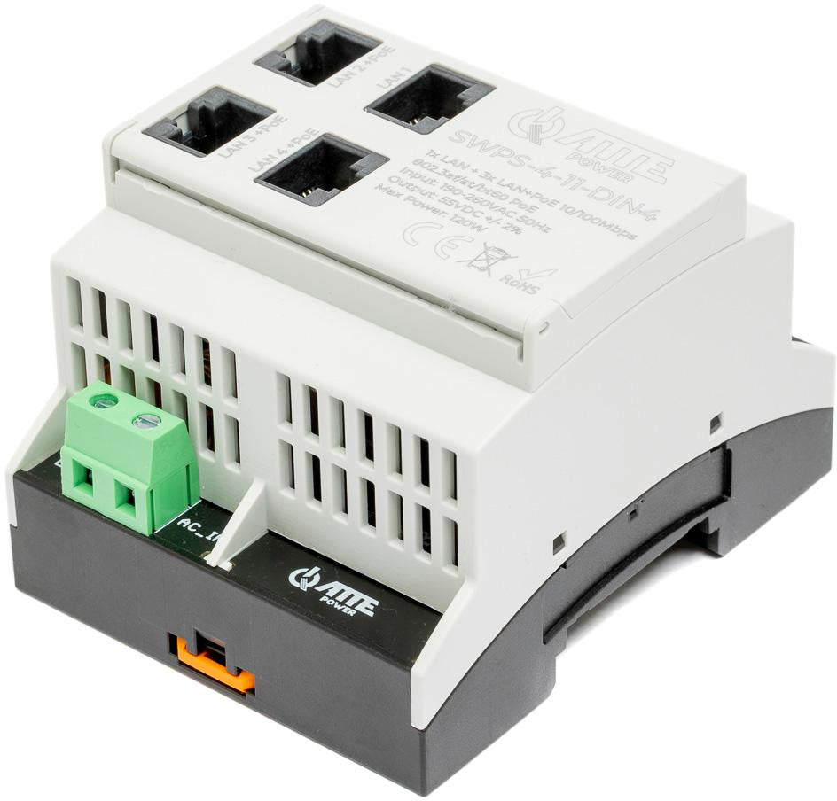 Switch PoE 4 portowy z wbudowanym zasilaczem na szynę TH35 ATTE SWPS-4-11-DIN4