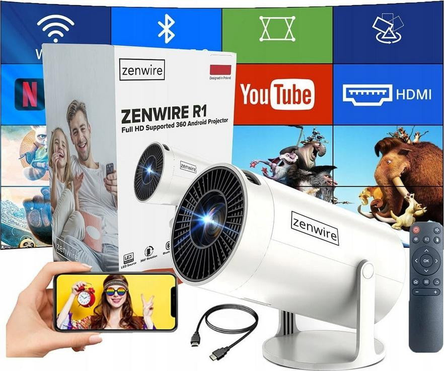 Przenośny Projektor Zenwire R1 Full HD Android Wifi Bluetooth Obrotowy