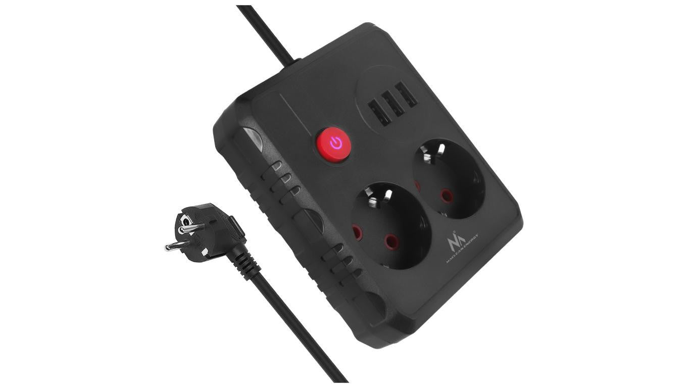 Listwa zasilająca Maclean, przedłużacz 2 gniazda + 3xUSB, 110-240V AC 50/60Hz, 2.1A max 2500W, 3 m, czarna, MCE388 B