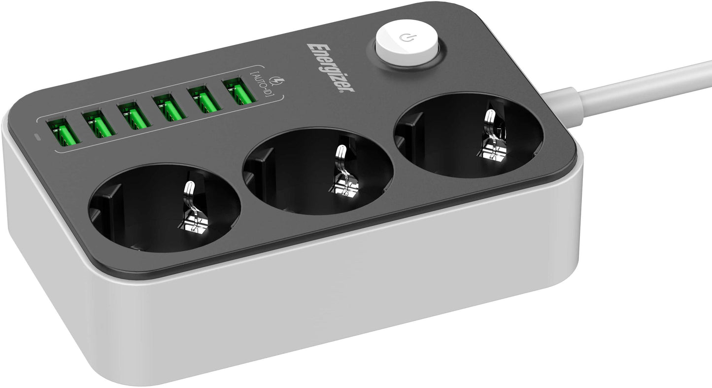 LISTWA ZASILAJĄCA Z WYŁĄCZNIKIEM Energizer 3x SCHUKO 6x USB-A 2500W 10A KABEL 2M