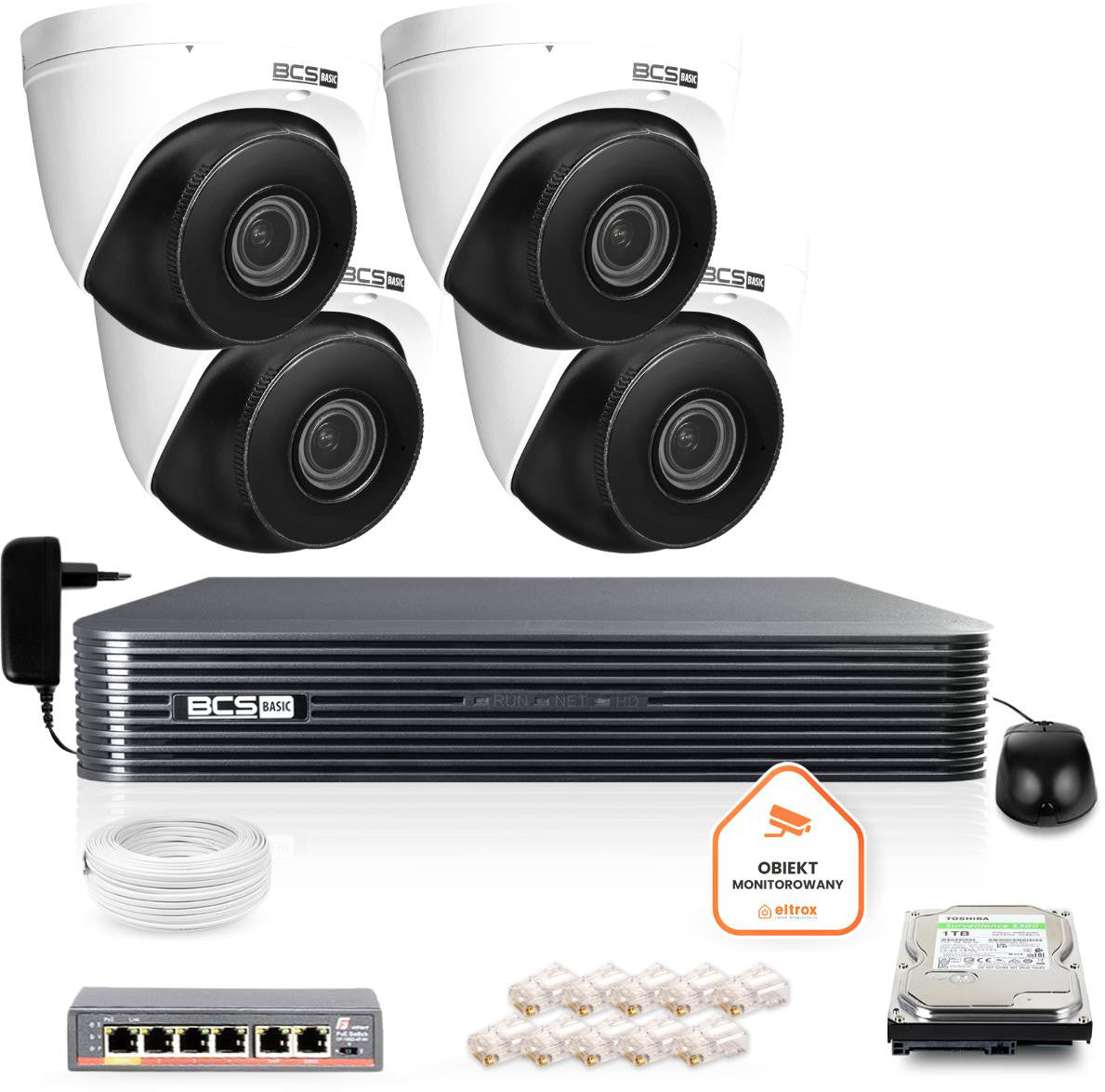 Zestaw monitoringu IP BCS Basic 4x Kamera BCS-B-EIP45VSR3(2.0) Rejestrator z dyskiem