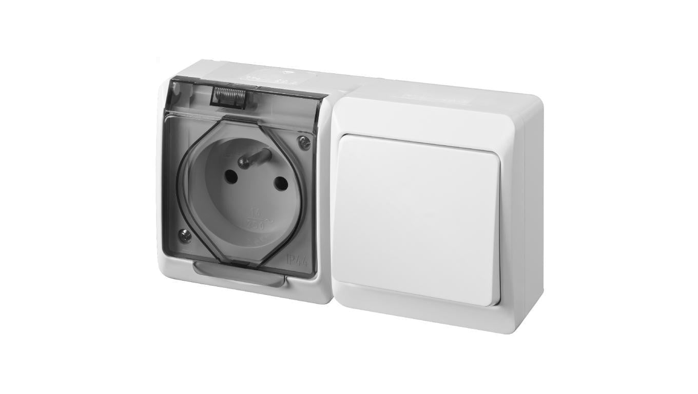 Łącznik schodowy pojedynczy natynkowy + gniazdo 2p+Z Schuko bryzgoszczelny IP44 biały HERMES ELEKTRO-PLAST NASIELSK