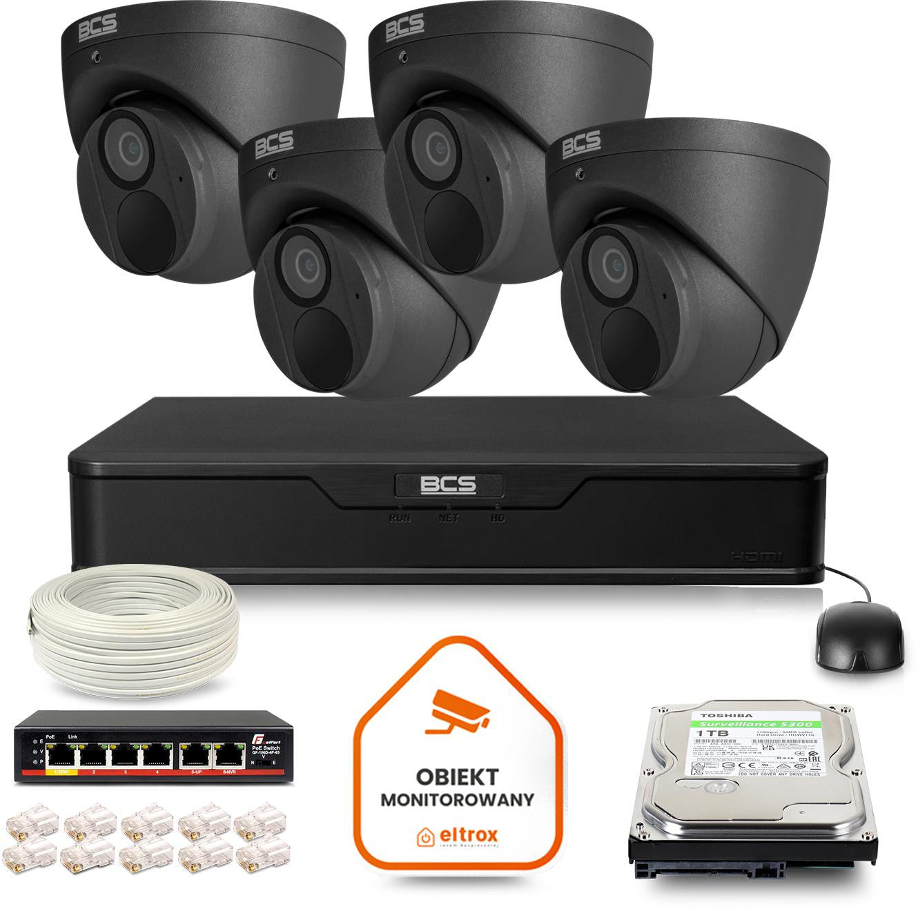 Zestaw monitoringu IP BCS Point 4x Kamera BCS-P-EIP28FWR3-Ai2-G Rejestrator z dyskiem