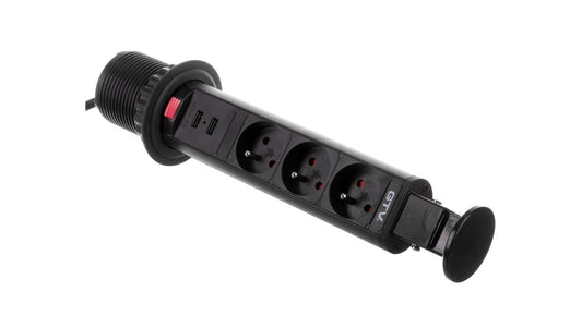 Biurkowy przedłużacz wpuszczany fi 60mm czarny 3x gniazdo z uziemieniem 2xUSB 2,1A 5V AE-BPW3U60U-20