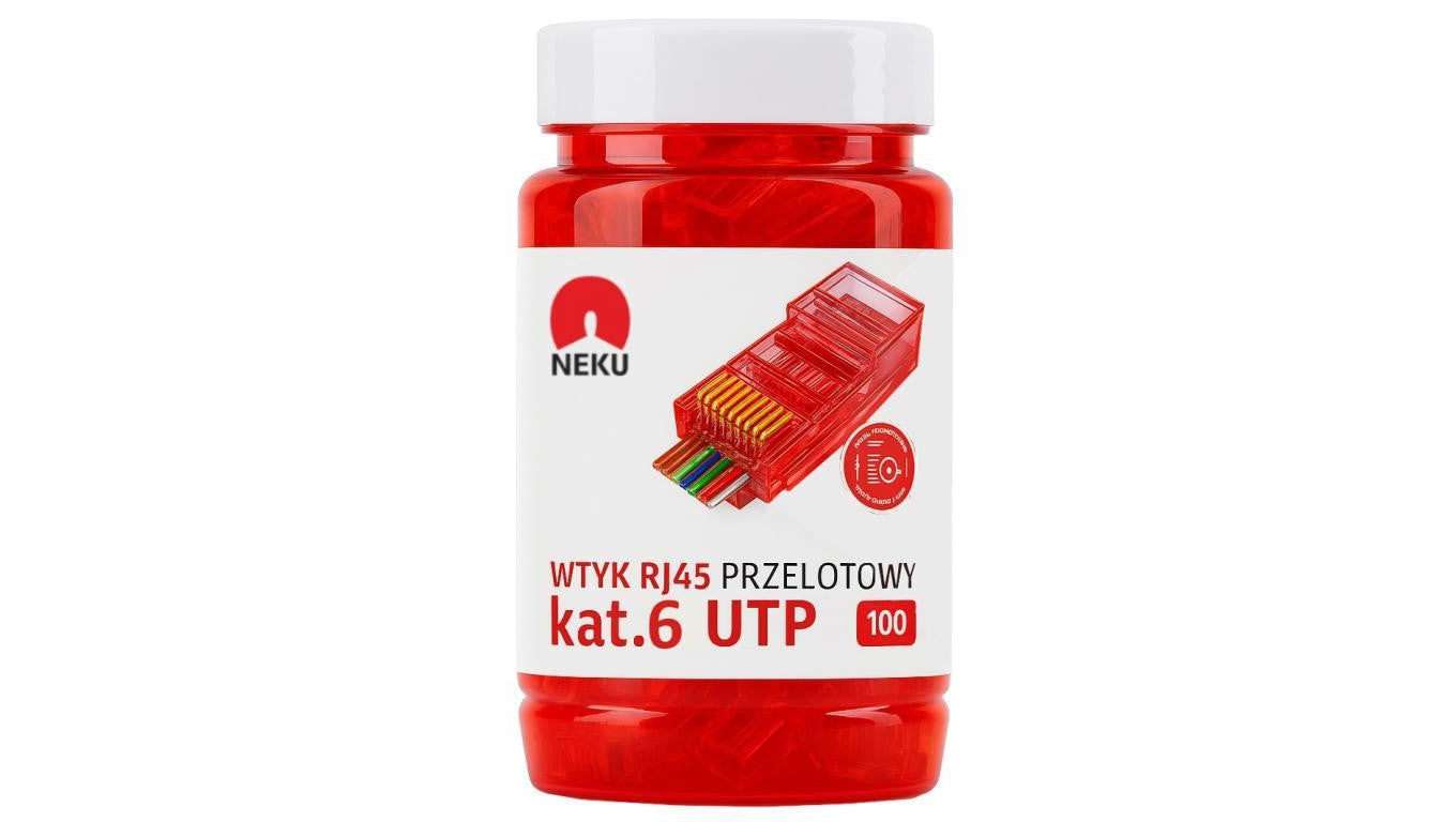 Wtyk modularny RJ45 8P8C kat.6 nieekranowany UTP uniwersalny drut linka przelotowy czerwony NEKU opakowanie SŁOIK 100szt.