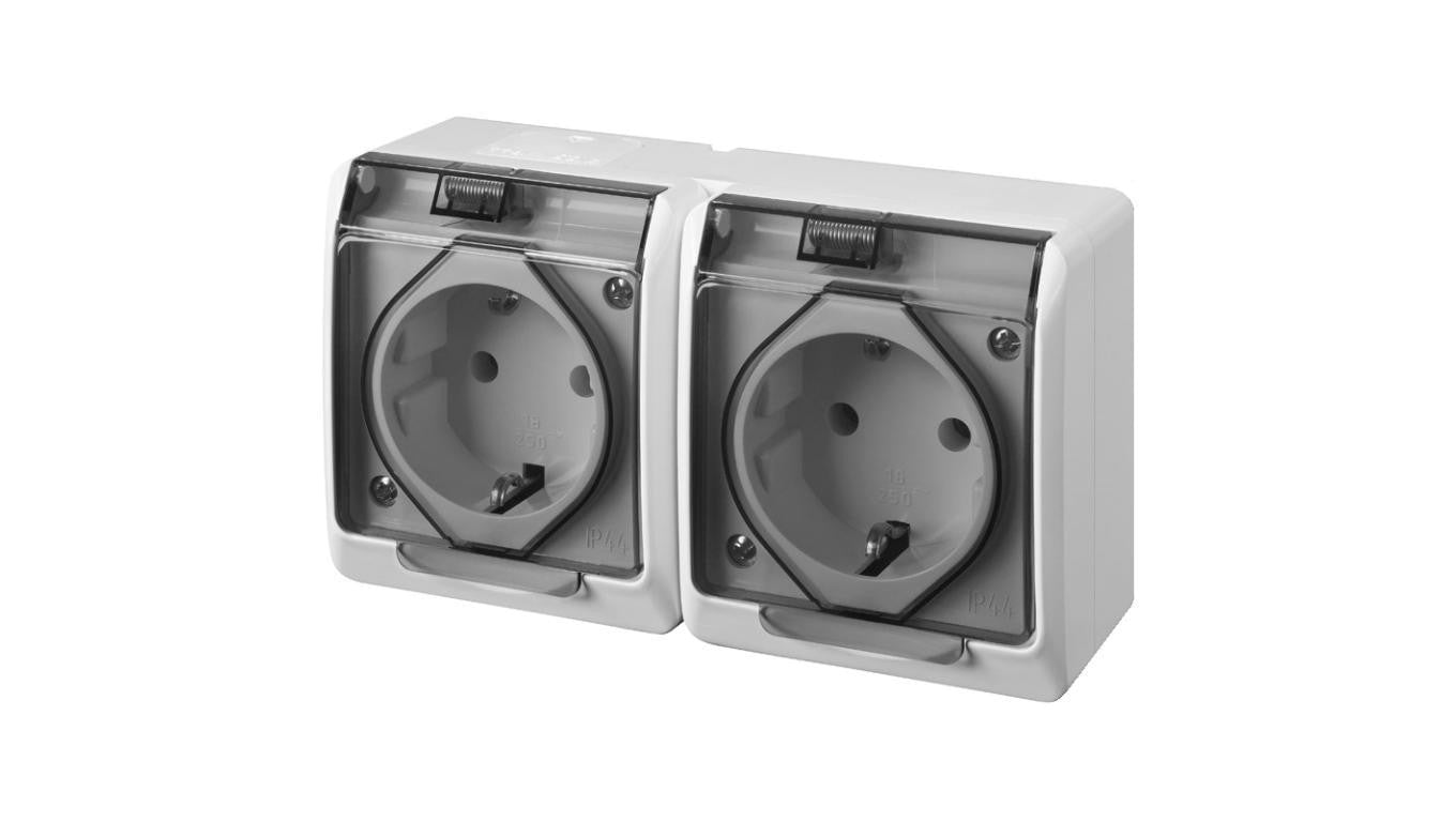 Gniazdo zasilające podwójne natynkowe hermetyczne IP44 białe z klapką czarną 2x 2P+Z Schuko 16A HERMES ELEKTRO-PLAST NASIELSK