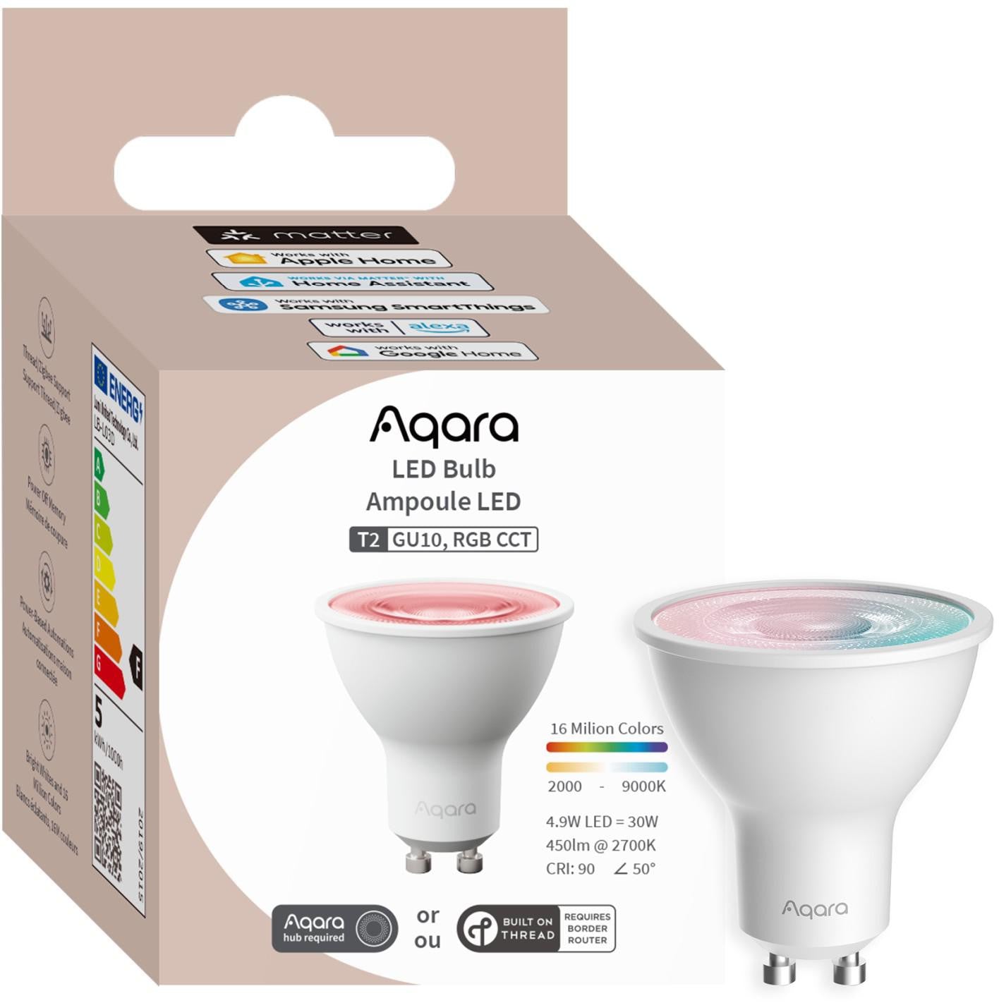 Aqara LED Bulb T2 RGB CCT GU10 | Żarówka LED | Thread, Zigbee, Bluetooth, 450lm, 4.9W