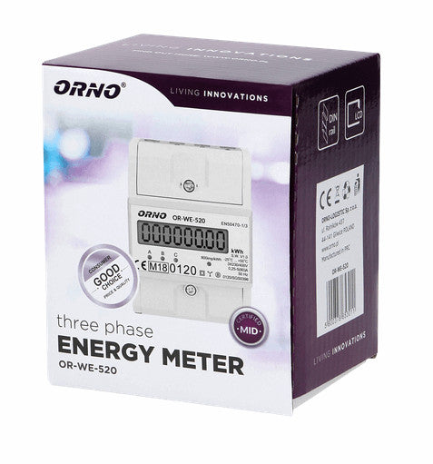 OR-WE-520 ORNO 3-fazowy licznik energii elektrycznej, 80A, MID, 3 moduły, DIN TH-35mm