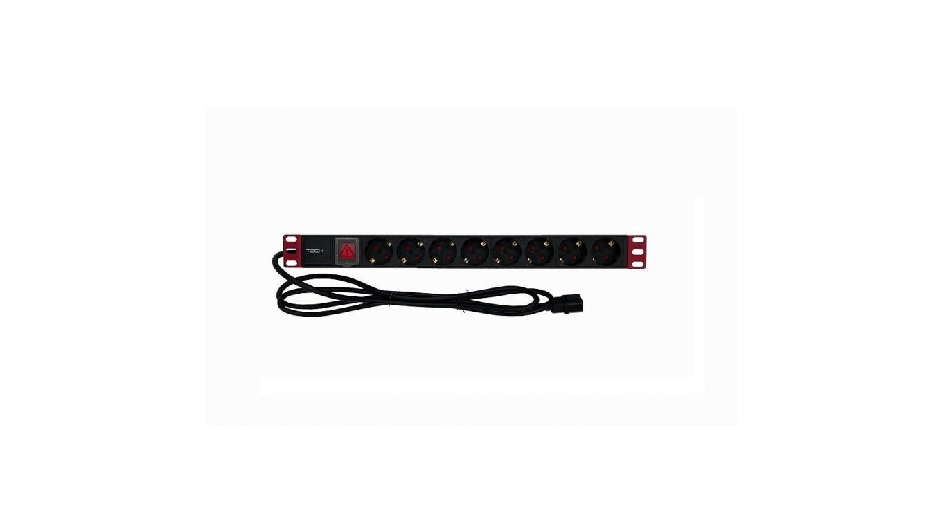 Listwa zasilająca Rack 1U 8x Schuko, włącznik, kabel C14 2m