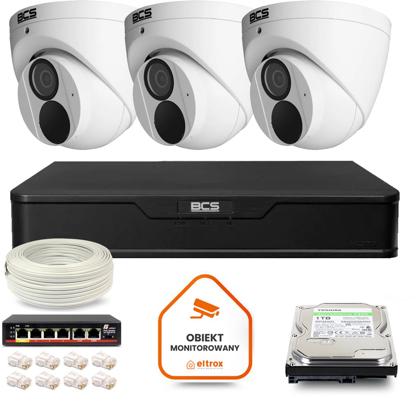 Zestaw monitoringu IP BCS Point 3x Kamera BCS-P-EIP28FWR3-Ai2 Rejestrator z dyskiem