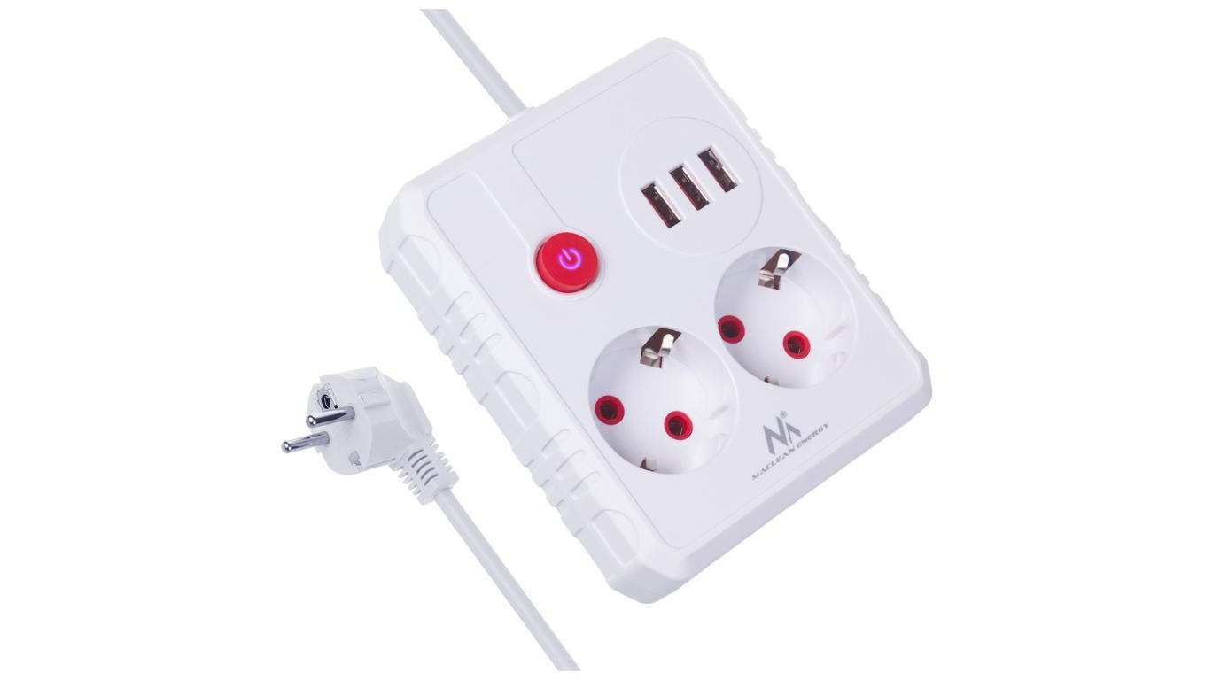 Listwa zasilająca Maclean, przedłużacz 2 gniazda + 3xUSB, 110-240V AC 50/60Hz, 2.1A max 2500W, 3 m, biała, MCE388 W