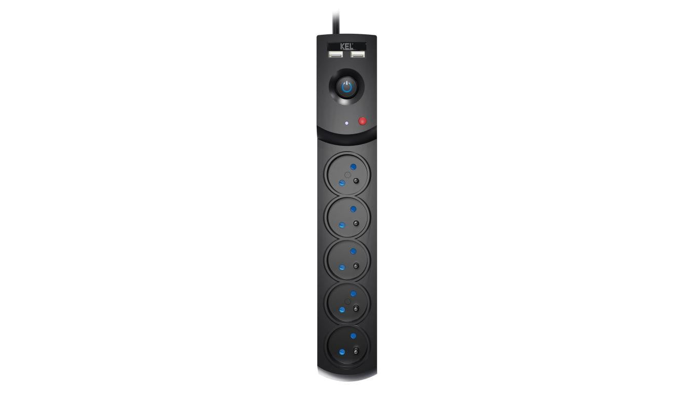 Przedłużacz przeciwprzepięciowy professional 5 gniazd 2xUSB 1,5m 10A 230V 2300W czarny W-100043