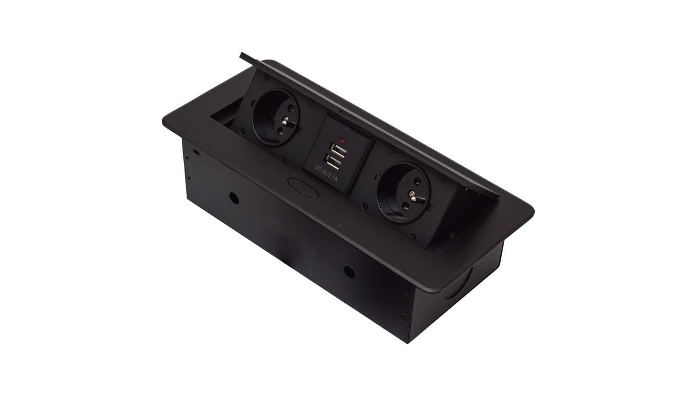 Gniazdo blatowe 3-krotne +2xUSB z pokrywą uchylną czarne GB2PL+2-BLACK