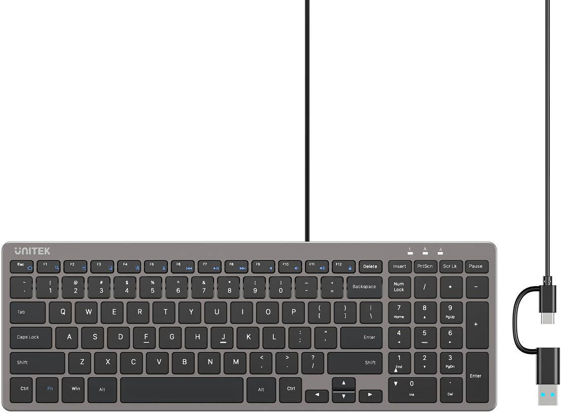 Klawiatura przewodowa Unitek SlimTap USB-C/USB-A