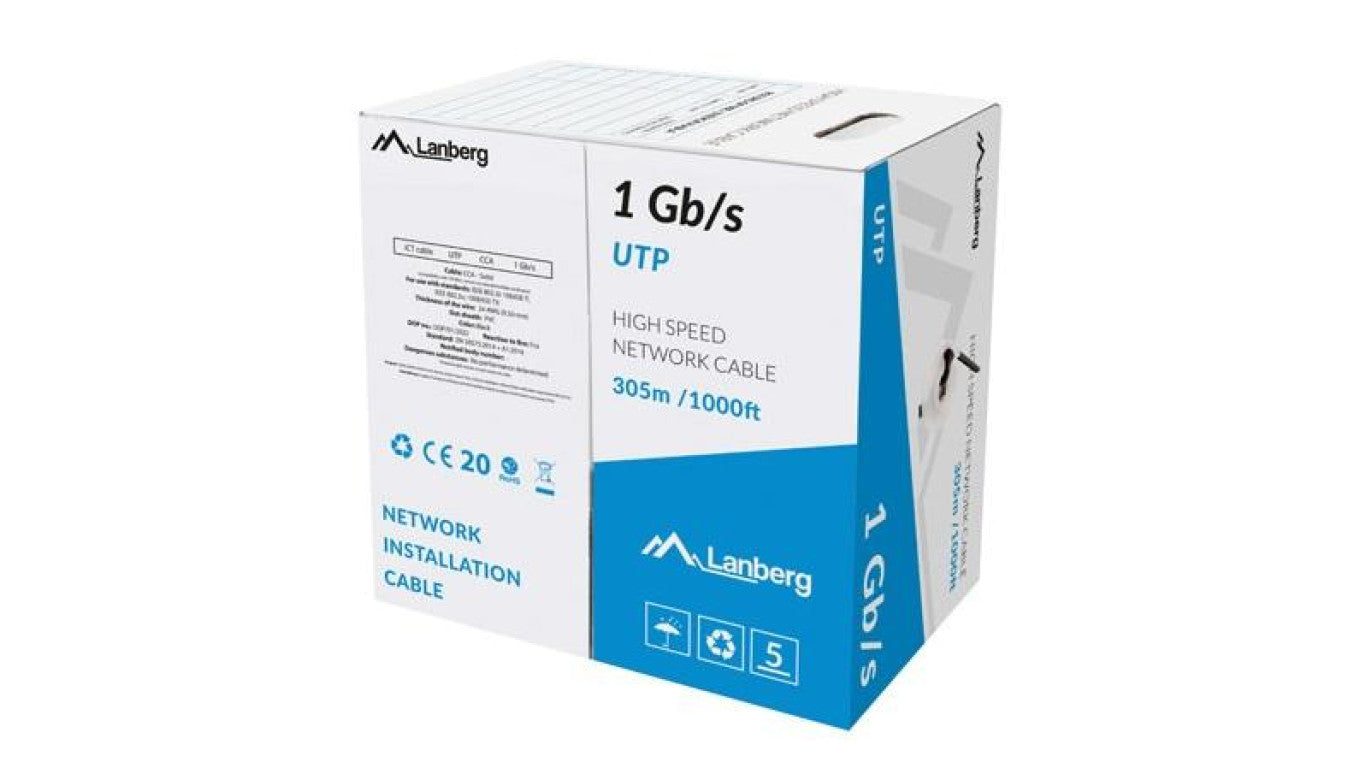 Kabel sieciowy U/UTP kat.5e skrętka 4x2x0,57mm wewnętrzny Fca PVC czarny CCA Lanberg /305m/