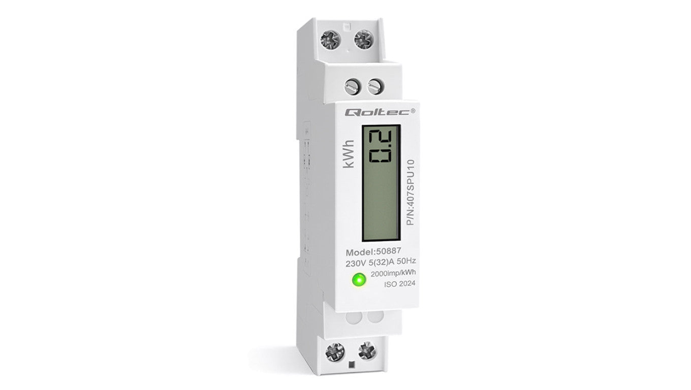 Qoltec Jednofazowy elektroniczny licznik miernik zużycia energii na szynę DIN 230V 32A LCD 1P Slim