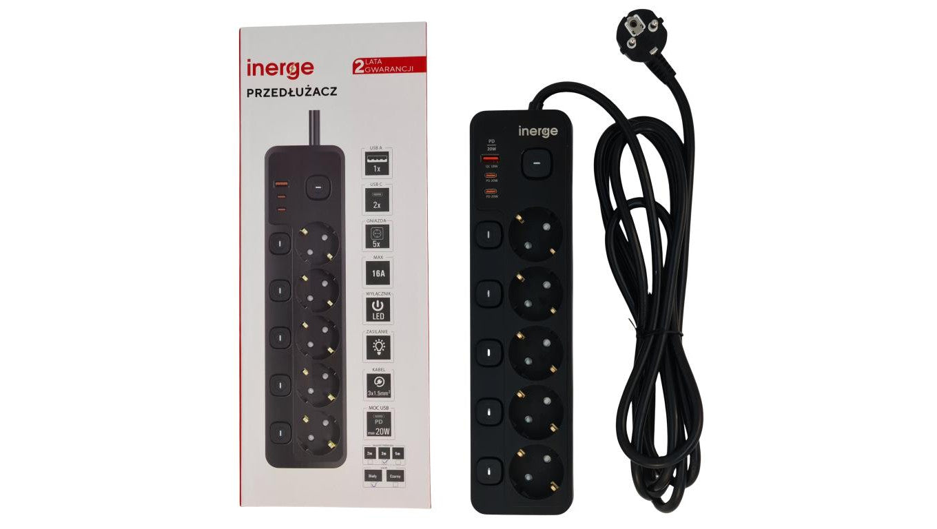 Przedłużacz INERGE 5-gniazdowy 3m ECE-0522PD-03-B