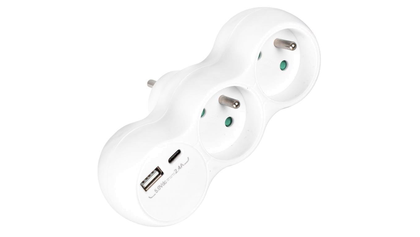 Rozgałęźnik sieciowy 2 gniazda French z uziemieniem + USB-C 2.4A + USB-A 2.4A VA0358 VAYOX