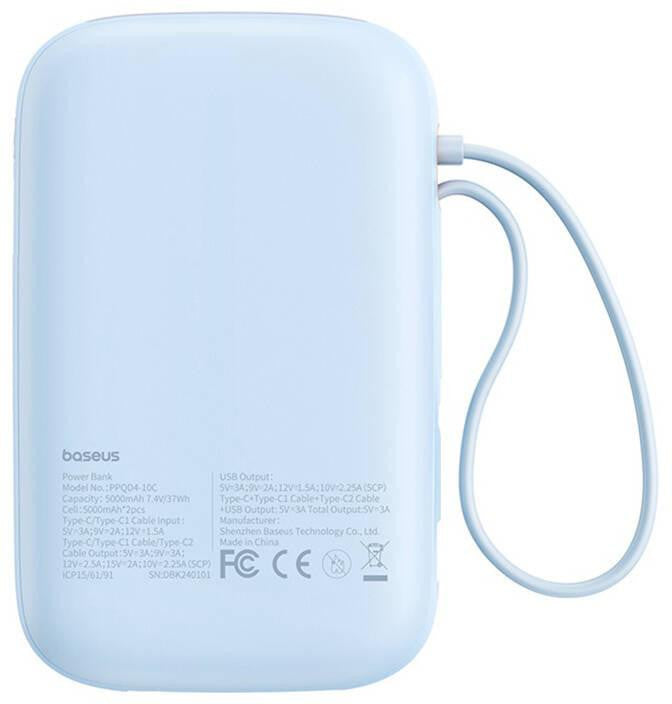 Powerbank Baseus QPow 2 10000mAh 30W z 2 wbudowanymi kablami USB-C - niebieski