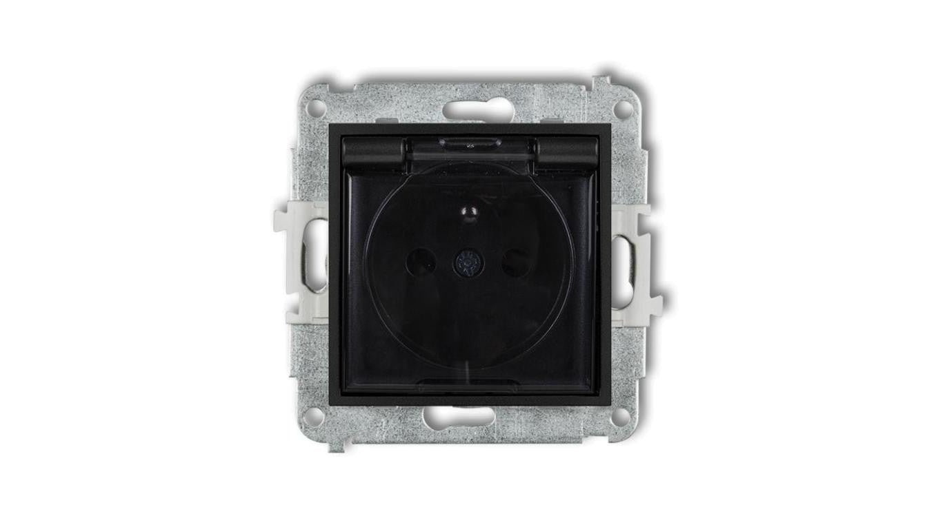 ICON Mechanizm gniazda bryzgoszczelnego z uziemieniem 2P+Z (klapka dymna, przesłony torów prądowych) czarny mat 12IGPB-1zdp