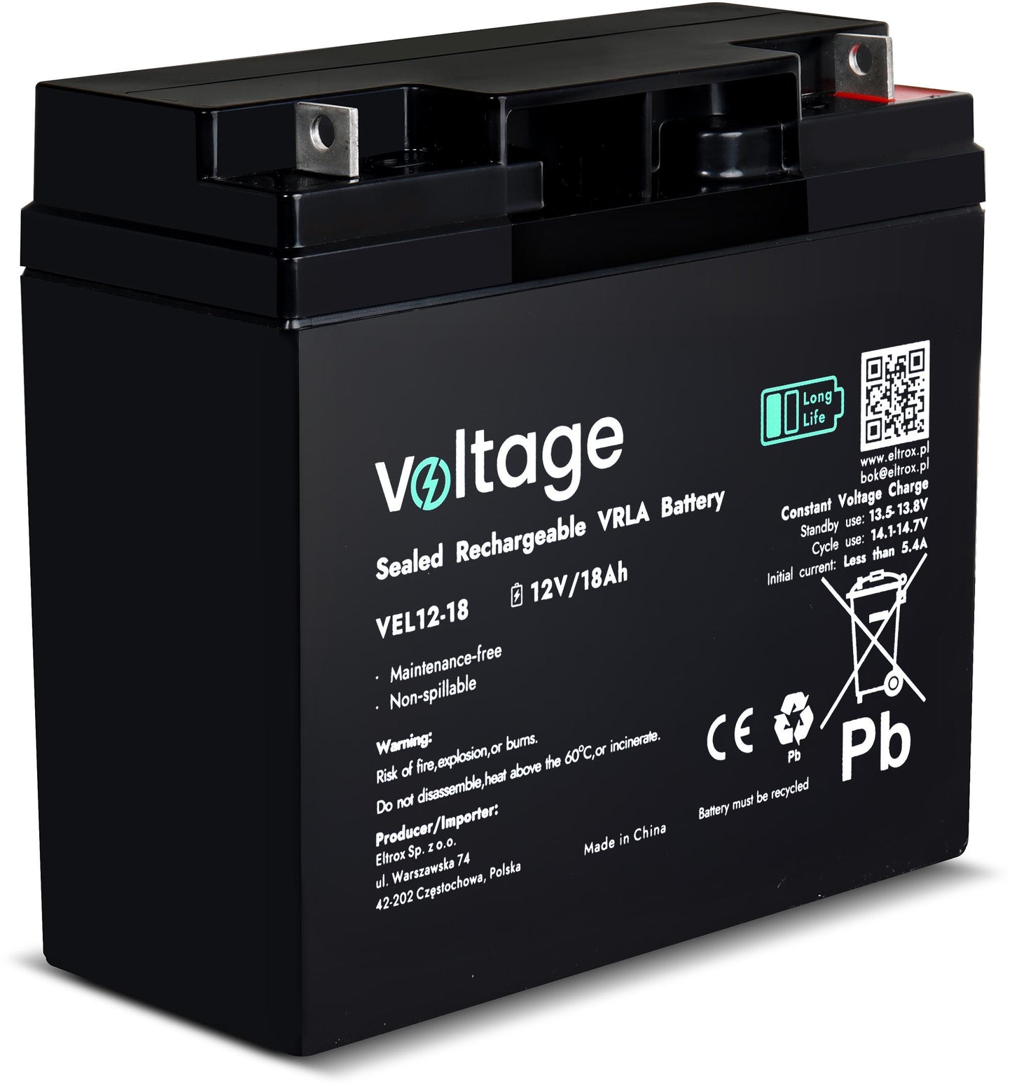 Akumulator AGM Voltage Long Life 12V 18Ah VEL12-18 (Żywotność 15 lat)