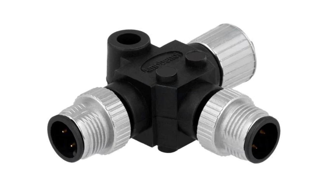Trójnik M12 gniazdo żeński,M12 męski x2 -PIN 4 IP68 T SS-040404-MFM-TS001