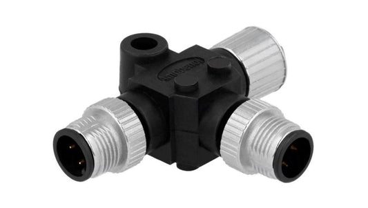 Trójnik M12 gniazdo żeński,M12 męski x2 -PIN 4 IP68 T SS-040404-MFM-TS001