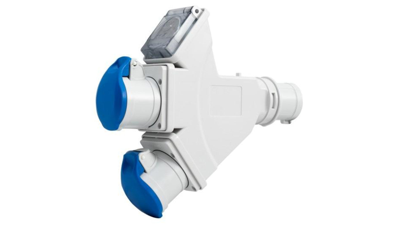 Adapter kempingowy wtyk 16A 3p przemysłowy, gniazdo 2x16A 3P przemysłowe, gniazdo tablicowe 230V IP44