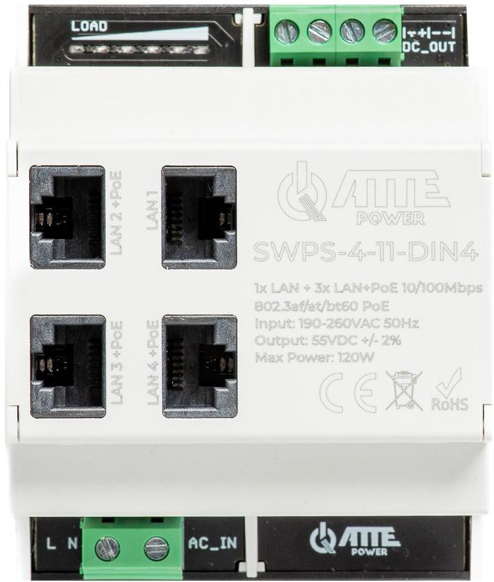 Switch PoE 4 portowy z wbudowanym zasilaczem na szynę TH35 ATTE SWPS-4-11-DIN4