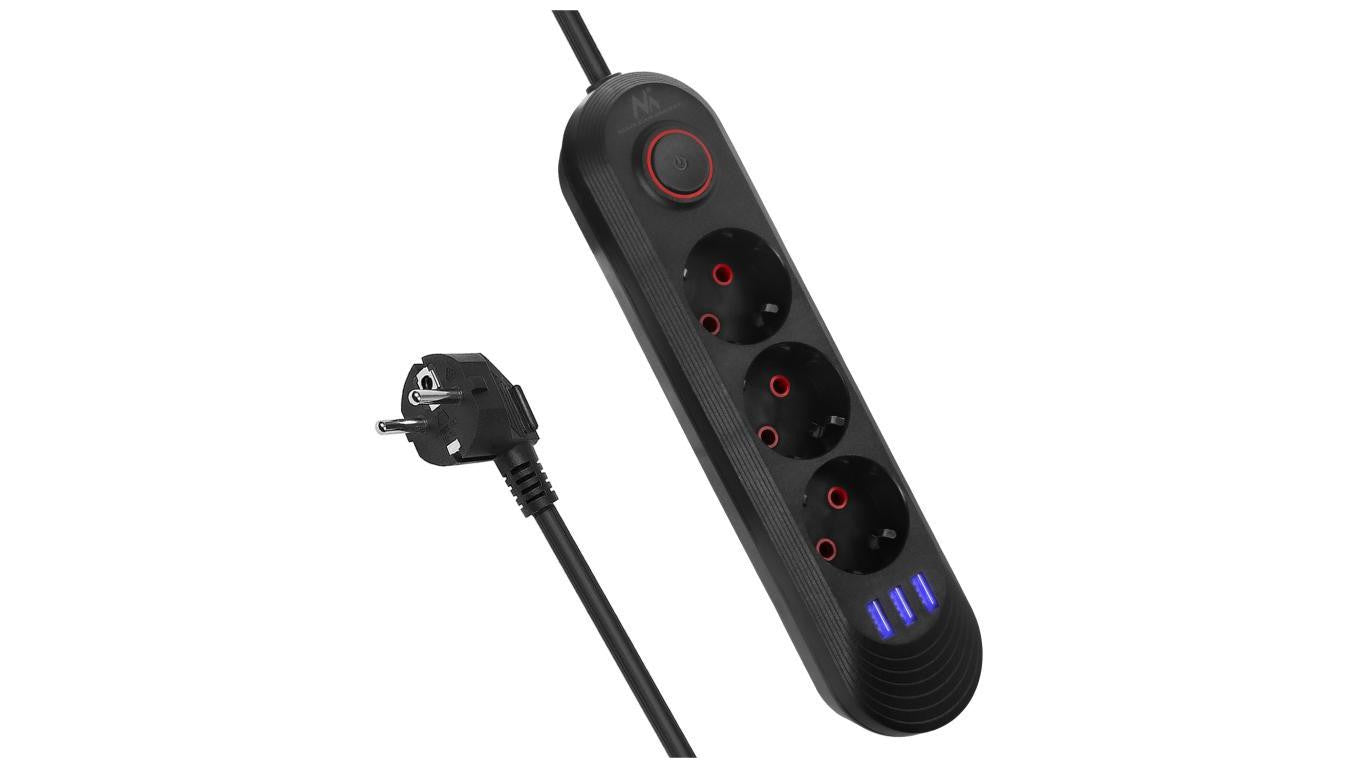 Listwa zasilająca Maclean, przedłużacz 3gniazda + 3xUSB, 110-240V AC 50/60Hz, 2.1A max 2500W, 1,5m, czarna ,MCE394 B