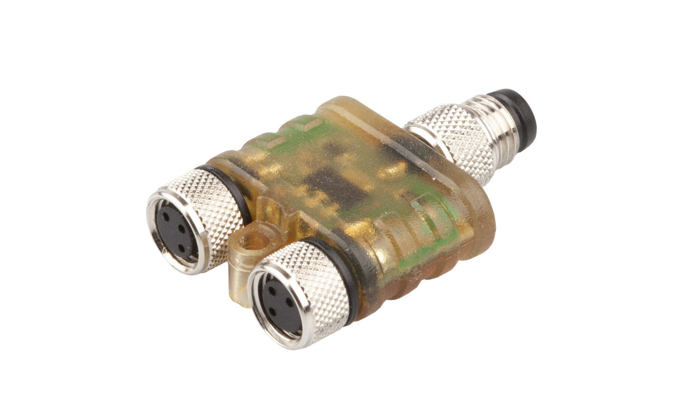 Moduł logiczny 10x41x26mm AND 2-krotny 10-30VDC złącze M8 żeńskie 3-PINowe złącze M8 męskie 3-PINowe IP67 VL150102