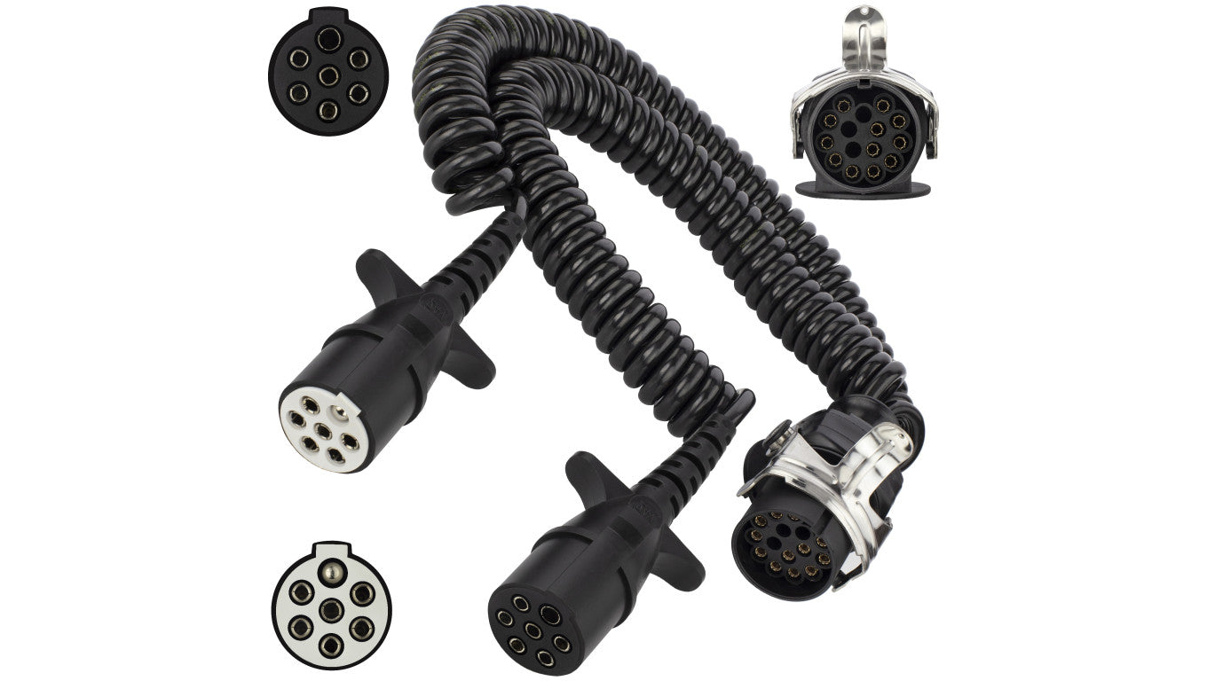 Spiralny adapter kablowy QLY-s do naczepy 24V wtyk 15-pin / 2 zalewane wtyki 7-pin typu N+S 4m