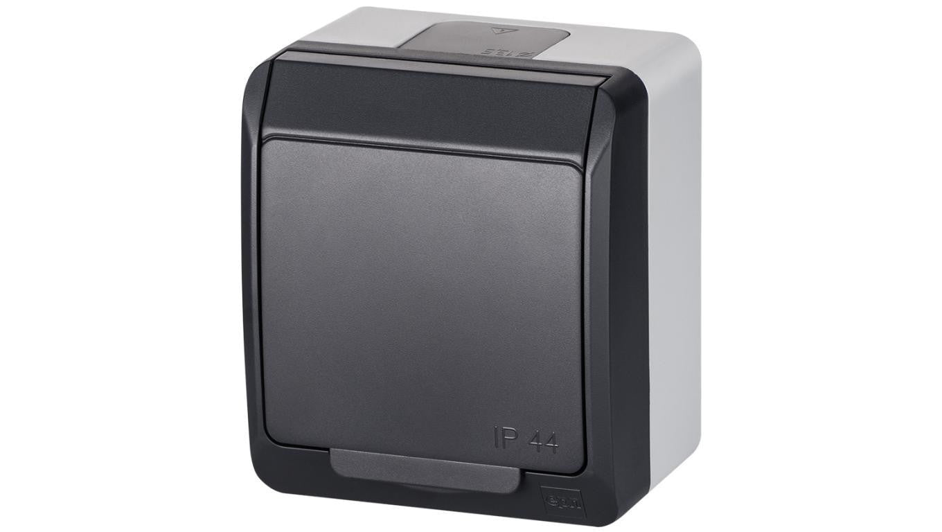 Gniazdo zasilające pojedyncze natynkowe hermetyczne IP44 antracyt z klapką antracytową 2P+Z Schuko 16A HERMES ELEKTRO-PLAST