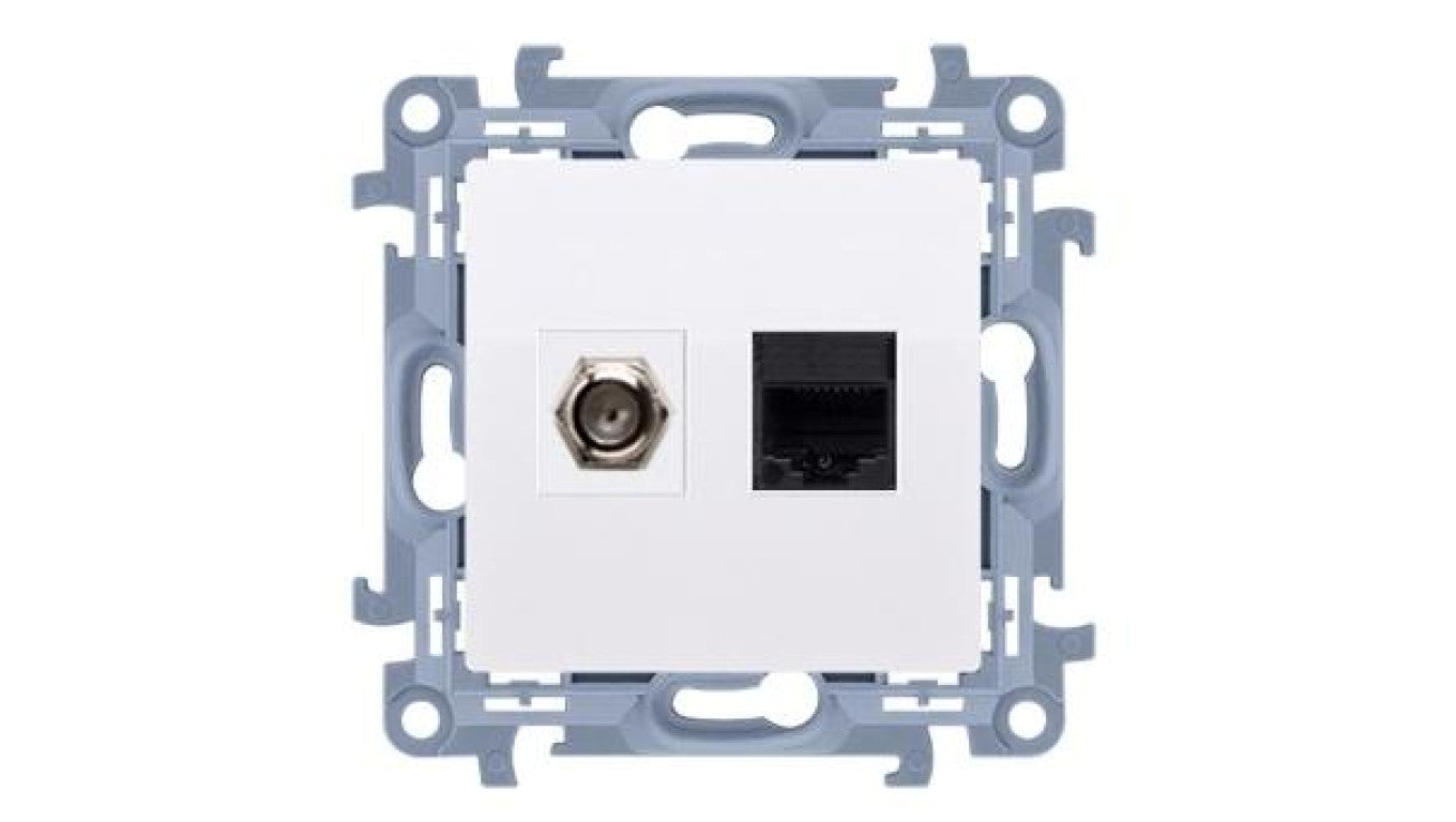 KONTAKT-SIMON 10 Gniazdo antenowe F + komputerowe RJ45 biały mat