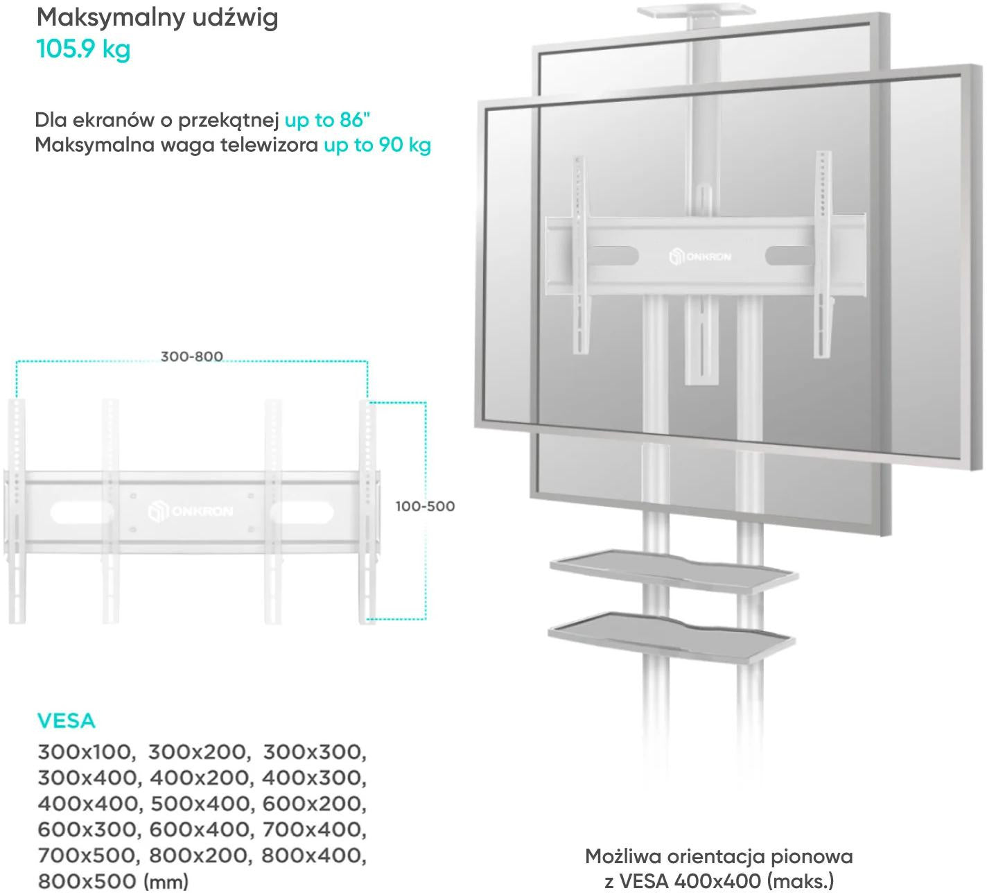 Mobilny stojak do TV 50"-86" do 90 kg ONKRON TS1881 Biały