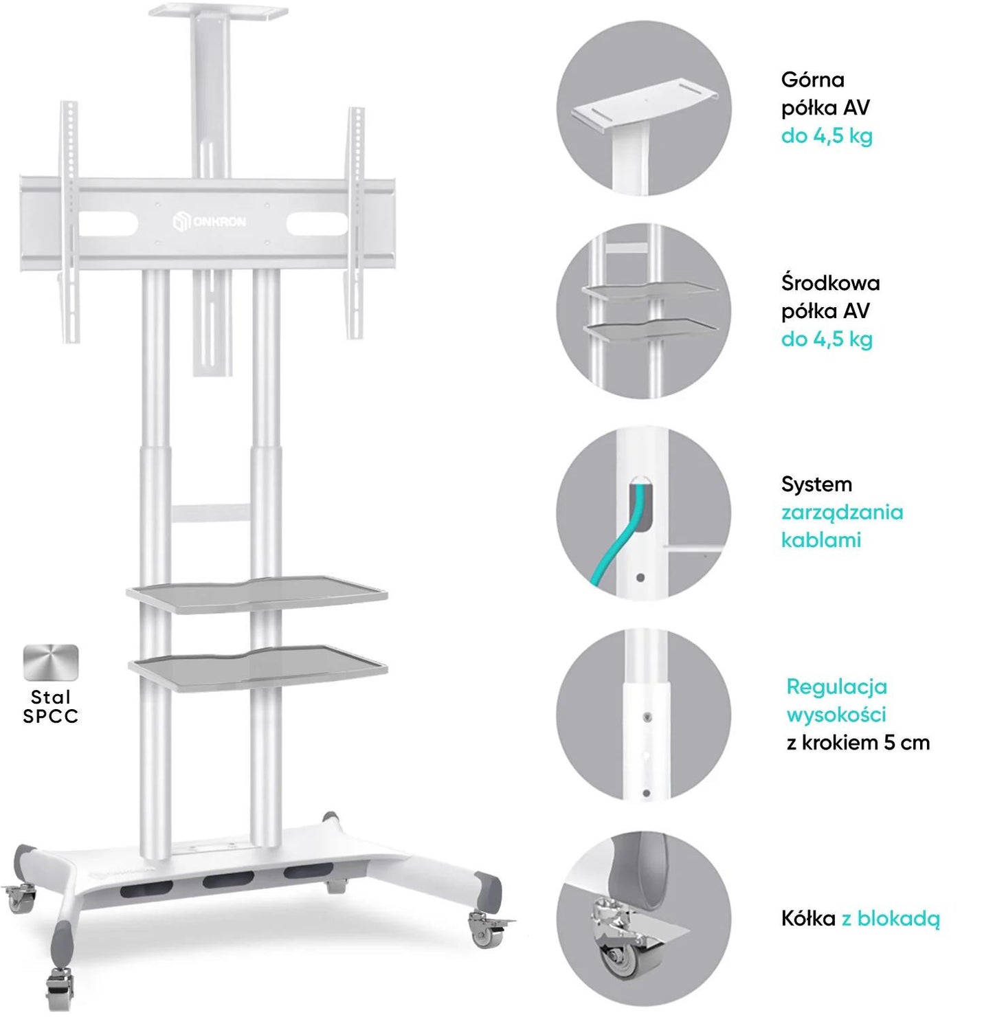 Mobilny stojak do TV 50"-86" do 90 kg ONKRON TS1881 Biały