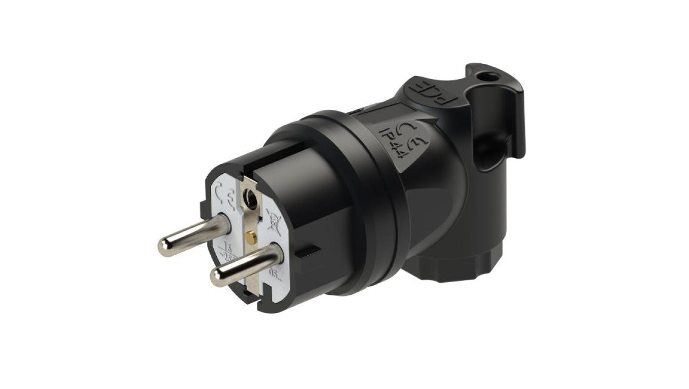 Wtyczka prądowa kątowa gumowa 2P+Z Uni-Schuko 230V 10/16A czarna IP44 TAURUS PCE na kabel guma-poliamid