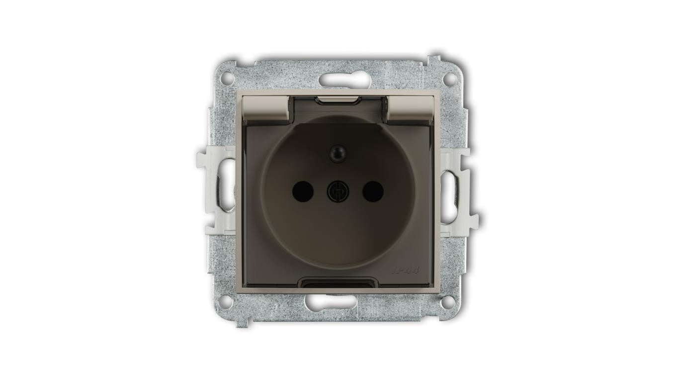 MINI Mechanizm gniazda bryzgoszczelnego z uziemieniem 2P+Z (klapka dymna, przesłony torów prądowych) taupe 60MGPB-1zdp