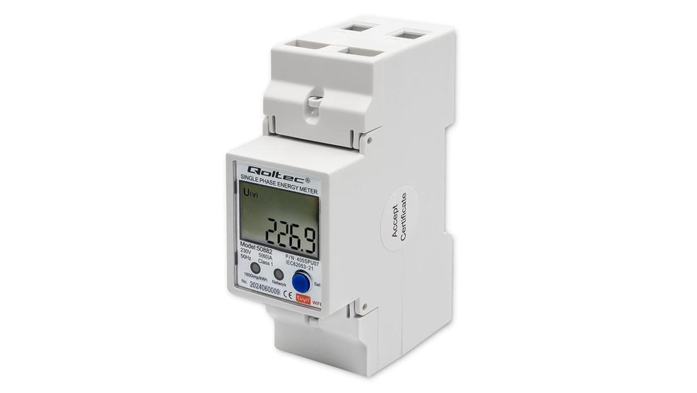 Qoltec Jednofazowy elektroniczny licznik miernik zużycia energii na szynę DIN Wi-fi TUYA 230V LCD