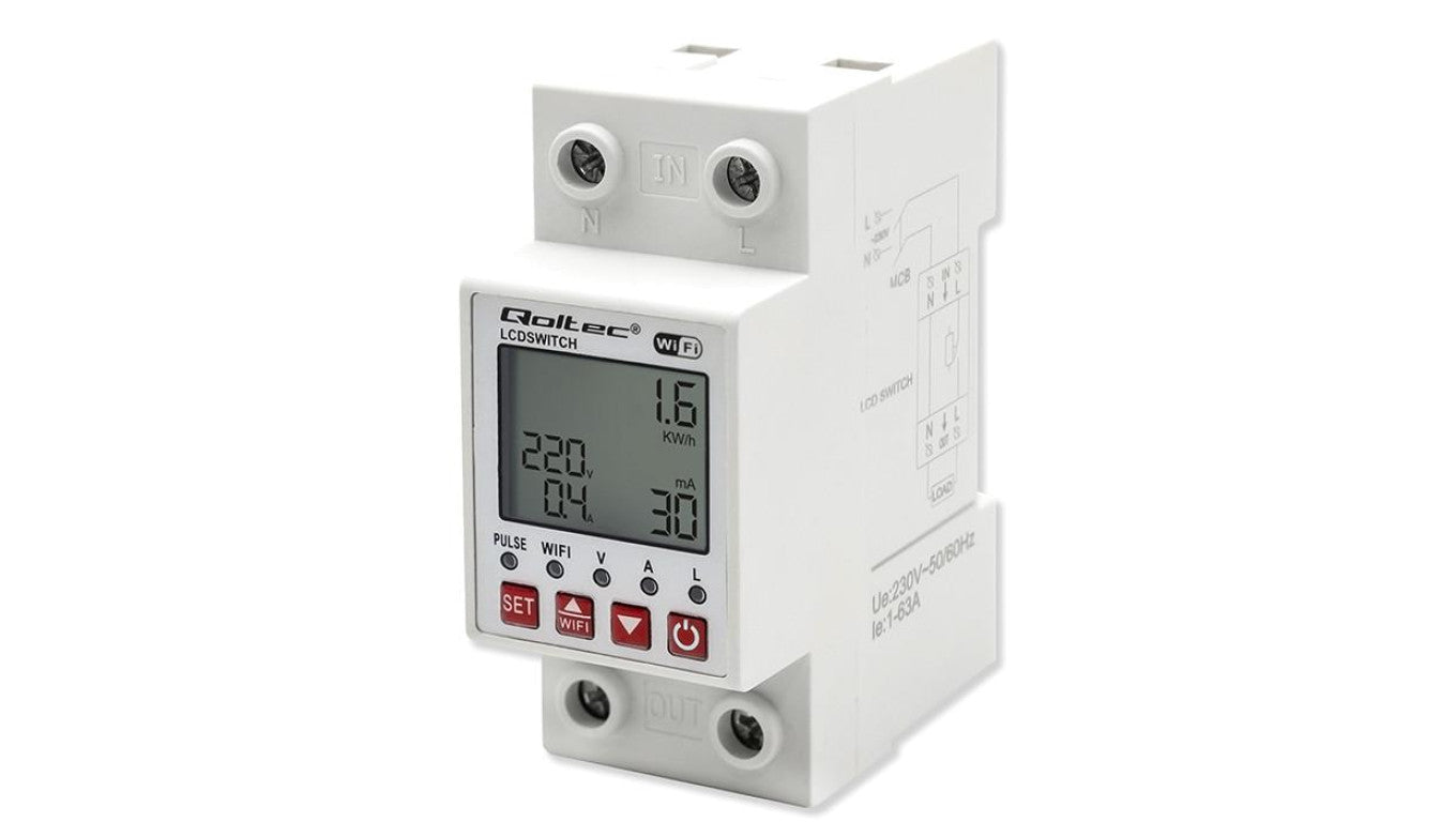 Qoltec Przekaźnik 63A na szynę DIN z licznikiem energii elektrycznej Timer Tuya Wi-Fi LED
