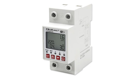 Qoltec Przekaźnik 63A na szynę DIN z licznikiem energii elektrycznej Timer Tuya Wi-Fi LED