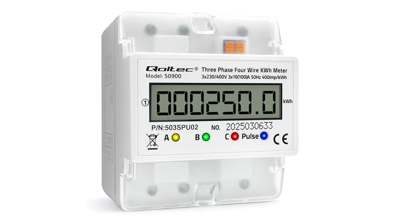 Qoltec Trójfazowy elektroniczny licznik miernik zużycia energii na szynę DIN 400V 100A LCD 4P