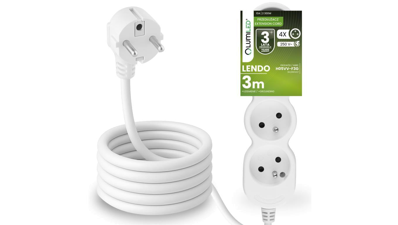 Przedłużacz Sieciowy Kabel z Uziemieniem Listwa Zasilająca 4 Gniazda 3m Biały Sznur Lendo Lumiled