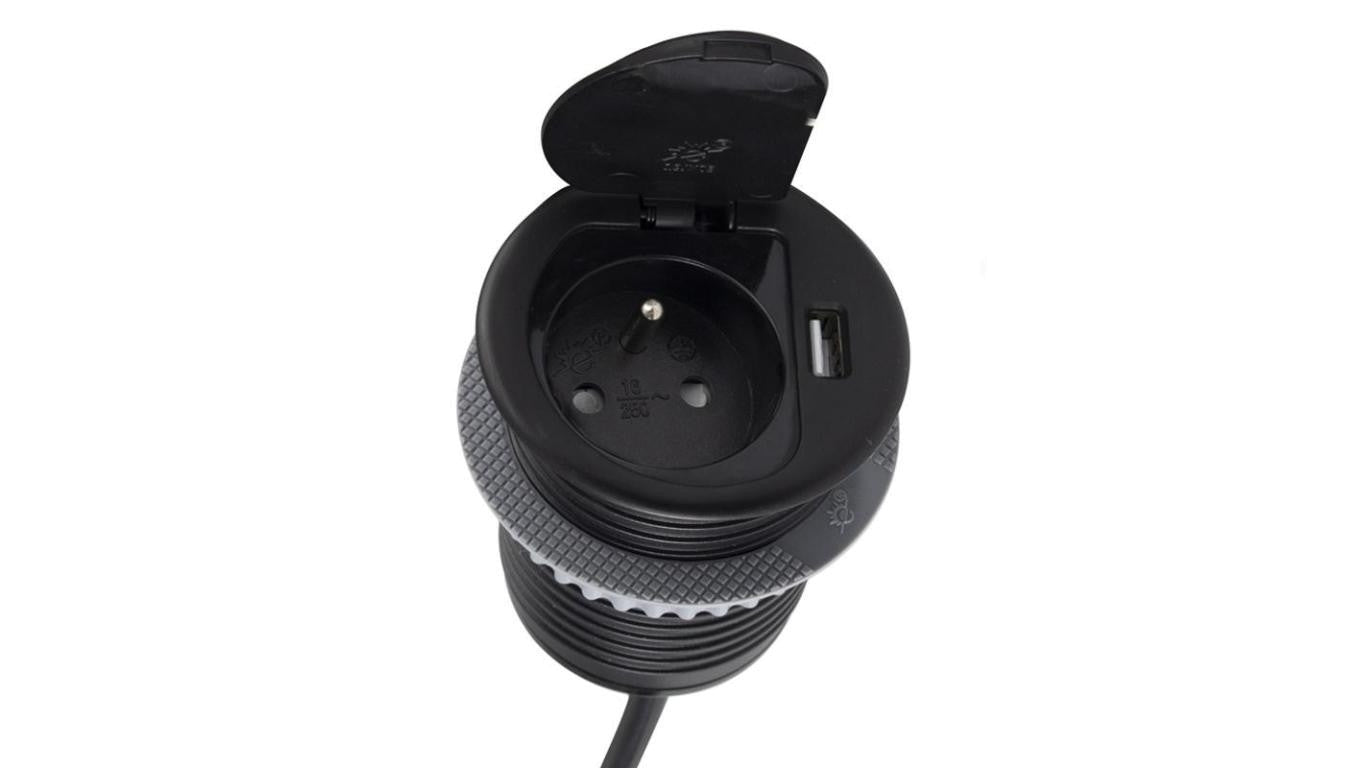 Gniazdo meblowe na 1 gniazdo 2P+Z 16A 230V + 1x USB 2,4A okrągły wpuszczany w blat SINGLE BOX 1,8m czarny